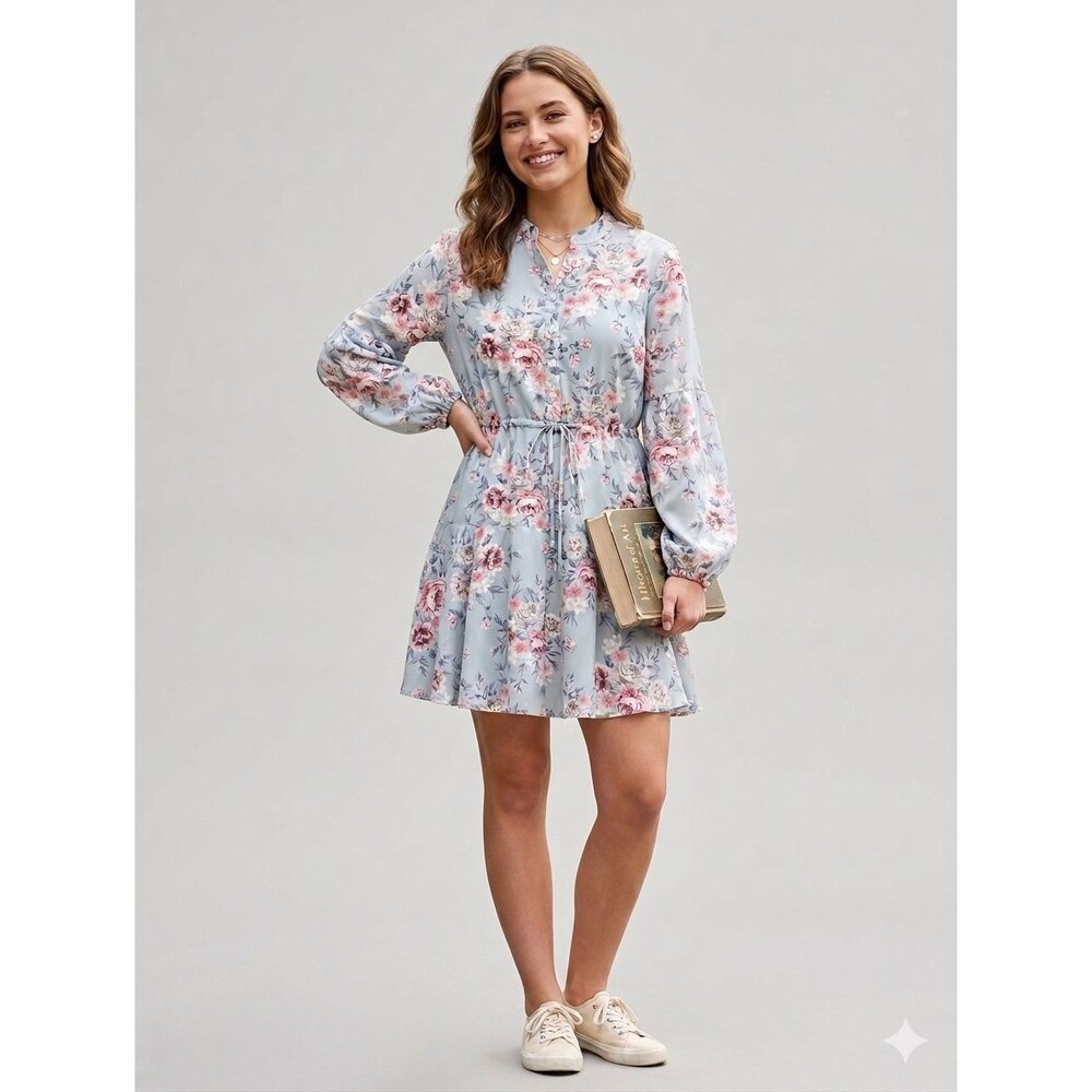 Panache Apparel Floral Boho Mini Dress Small NWT Blue Ruffle balloon cottagecore